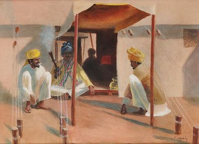 François de MONTHOLON (1856-1940) Soldats indiens au repos fumant sous la tente,...