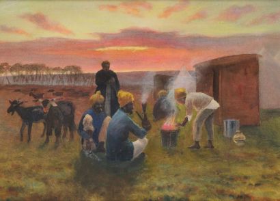 François de MONTHOLON (1856-1940) Soldats indiens autour d'un feu au crépuscule,...