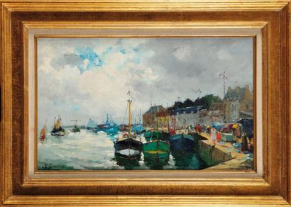 Louis Edouard GARRIDO (1893-1982) Le port Huile sur toile marouflée sur isorel Signé...