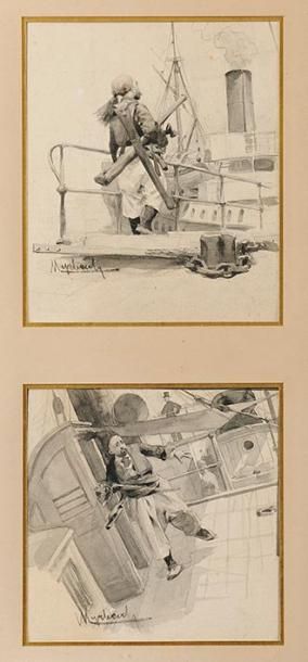 Felician VON MYRBACH-RHEINFELD (1853-1940) Marins sur le pont Deux dessins au crayon...