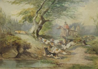 Jules Gelibert (1834-1916) La chasse au renard Aquarelle Signé et daté 64 en bas...