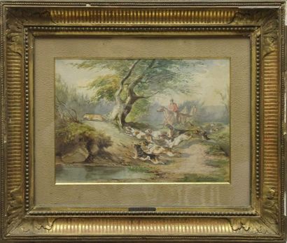 Jules Gelibert (1834-1916) La chasse au renard Aquarelle Signé et daté 64 en bas...