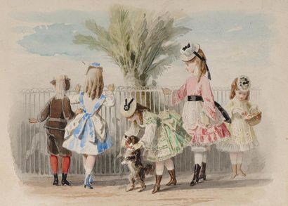 François Claudius COMPTE-CALIX (Attribué à) (1813-1880) Enfants en visite au Jardin...