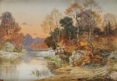 Hippolyte Jean Adam GIDE (1852-1921) Paysage à l'étang Aquarelle et réhauts de gouache...
