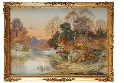Hippolyte Jean Adam GIDE (1852-1921) Paysage à l'étang Aquarelle et réhauts de gouache...