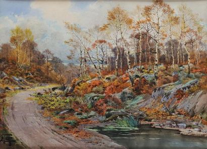 Hippolyte Jean Adam GIDE (1852-1921) Paysage à la mare Aquarelle et réhauts de gouache...