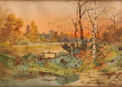 Hippolyte Jean Adam GIDE (1852-1921) Paysage au lac Aquarelle Signé et daté 1916...