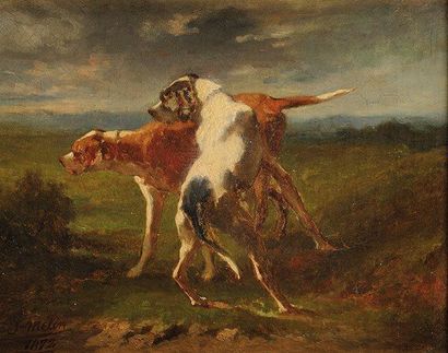 Joseph Urbain MELIN (1814-1886) Couple de chiens Sur sa toile d'origine Signé et...