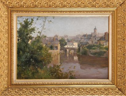 Ernest BAILLET (1853-1902) Rivière traversant une ville Sur sa toile d'origine Signé...
