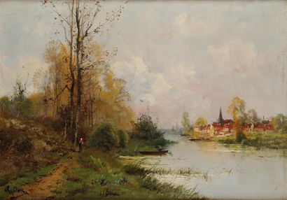 Charles CLAIR (1860-1930) Paysage à la barque Sur sa toile d'origine Signé en bas...