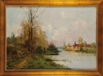 Charles CLAIR (1860-1930) Paysage à la barque Sur sa toile d'origine Signé en bas...