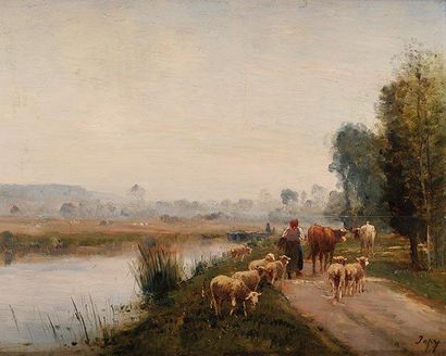 Louis Aimé JAPY (1840-1916) Départ du troupeau Huile sur panneau (fendu et parqueté)...