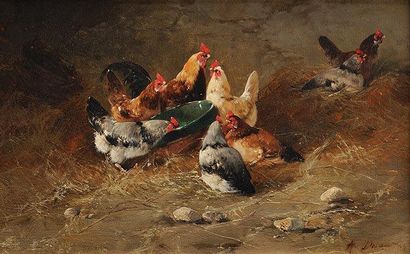 Alexandre DEFAUX (1826-1900) Le Poulailler Sur sa toile d'origine Signé en bas à...