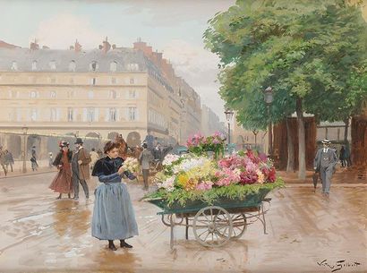 Victor Gabriel GILBERT (1847-1935) Marchande de fleurs près du Louvre Gouache et...