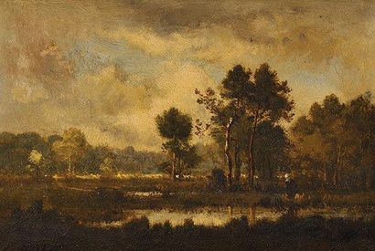 LEON RICHET (1847-1907) Paysage à l'étang Huile sur panneau Signé en bas à gauche...