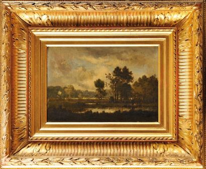LEON RICHET (1847-1907) Paysage à l'étang Huile sur panneau Signé en bas à gauche...