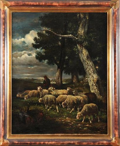 Émile JACQUE (1848-1912) Berger et ses moutons Sur sa toile d'origine Signé et daté...