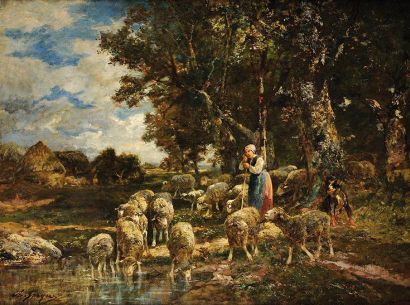 Charles Emile JACQUE (1813-1894) Bergère et son troupeau Sur sa toile d'origine Signé...