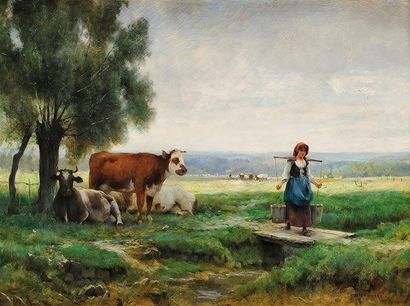 Julien DUPRÉ (1851-1910) La traite Sur sa toile d'origine Signé en bas à droite 46...
