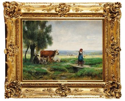 Julien DUPRÉ (1851-1910) La traite Sur sa toile d'origine Signé en bas à droite 46...