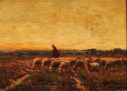JEAN FERDINAND CHAIGNEAU (1830-1906) Berger et ses moutons dans la plaine de Chany...