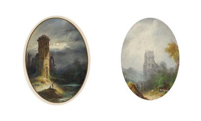 École ALLEMANDE du XIXe siècle Paysages romantiques Paire de pastels à vue ovale...