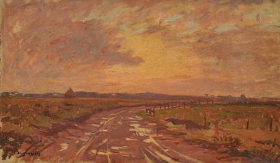VICTOR BRUGAIROLLES (1869-1936) Chemin dans les champs Huile sur papier marouflé...