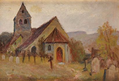 François de MONTHOLON (1856-1940) L'Eglise de Faÿ-les-Nemours Huile sur carton fort...