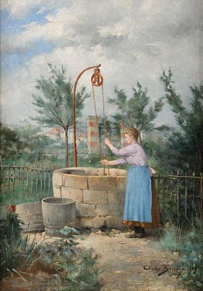 Jules Charles BRICOUX (XIXè-XXè siècle) Femme au puits Huile sur toile Signé et daté...