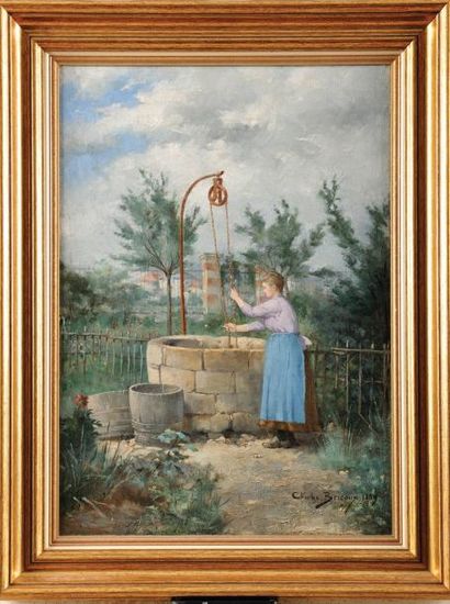 Jules Charles BRICOUX (XIXè-XXè siècle) Femme au puits Huile sur toile Signé et daté...