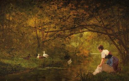 Adrien SCHULZ (1851-1931) Lavandière et canards en sous-bois à la fontaine des sept...