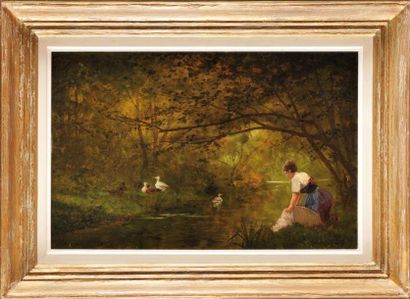 Adrien SCHULZ (1851-1931) Lavandière et canards en sous-bois à la fontaine des sept...