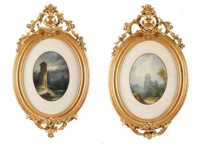 École ALLEMANDE du XIXe siècle Paysages romantiques Paire de pastels à vue ovale...