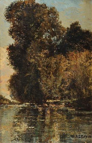 Amédée Elie SERVIN (1829-1884) Paysage à la rivière Sur sa toile d'origine Signé...