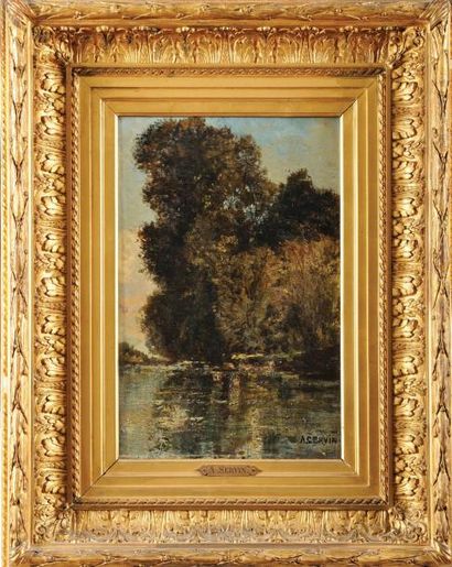 Amédée Elie SERVIN (1829-1884) Paysage à la rivière Sur sa toile d'origine Signé...