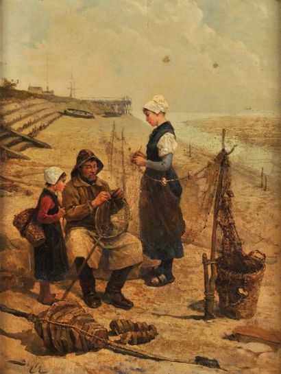 Pierre Marie BEYLE (1838-1902) La famille du pêcheur Huile sur panneau Signé en bas...