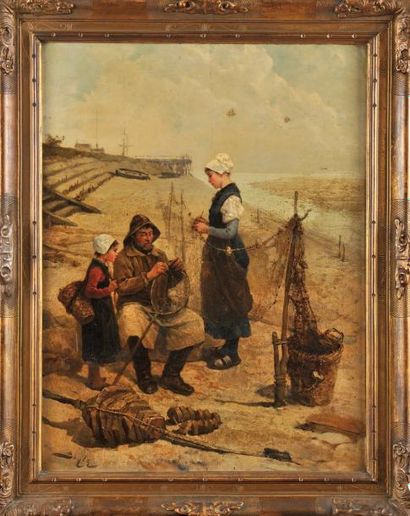 Pierre Marie BEYLE (1838-1902) La famille du pêcheur Huile sur panneau Signé en bas...