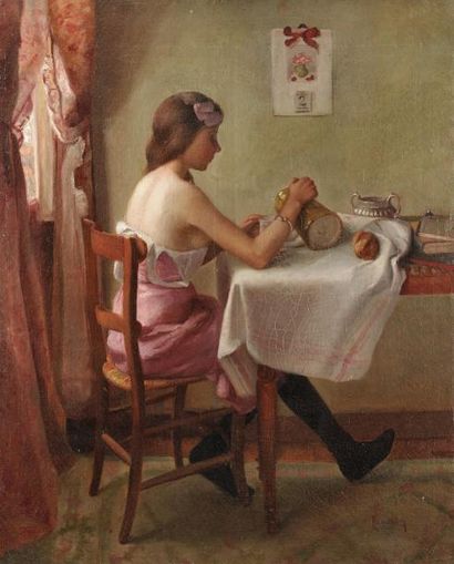 CHARLES MAURIN (1856-1914) Le petit déjeuner de la jeune servante Sur sa toile d?origine...