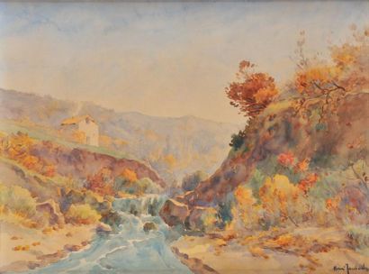 Henri JOUBERT (1873-?) Rivière dans la vallée Aquarelle Signée en bas à droite 37...