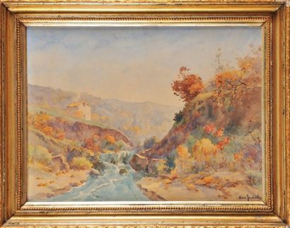 Henri JOUBERT (1873-?) Rivière dans la vallée Aquarelle Signée en bas à droite 37...