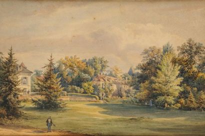 Gaspard GOBAUT (1814-1882) Promenade dans les jardins du Château Aquarelle Signée...