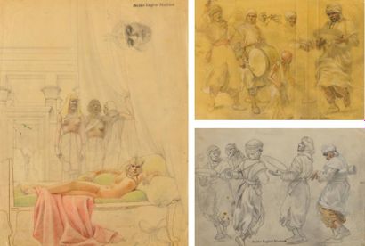 Eugène MATHIOT (XIX-XX) L?Orchestre (2), Cléopatre Trois dessins aux crayons de couleurs...