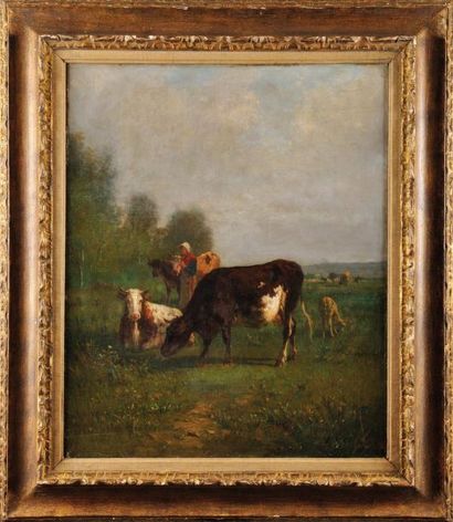 Antonio Cordero CORTES (1827-1908) Bergère et son troupeau Huile sur toile Signé...