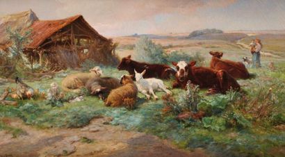 Henri Arthur BONNEFOY (1839-1917) Le repos du troupeau Sur sa toile d?origine Signé...
