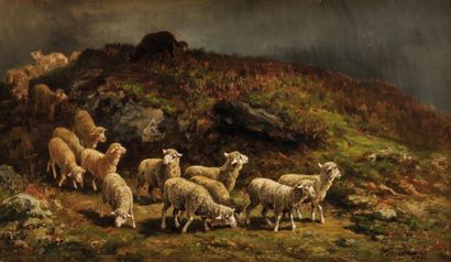 Charles Ferdinand CERAMANO (1829-1909) Troupeau de moutons Sur sa toile d?origine...