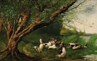 Georges HAQUETTE (1854-1906) Oies à la rivière Sur sa toile d?origine Signé en bas...