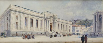 ECOLE FRANCAISE DU XIXème siècle L?entrée du Palais de Justice Aquarelle 39,2 x 92...