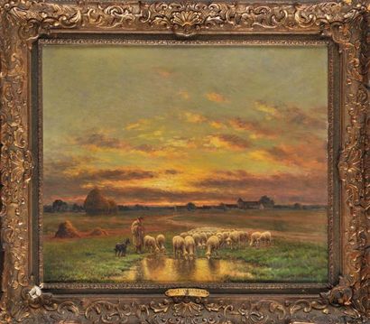 Paul CHAIGNEAU (1879-1938) Troupeau au crépuscule Sur sa toile d?origine Signé en...