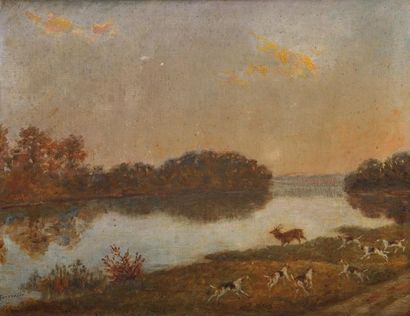 Paul TAVERNIER (1852-1943) Hallalie du cerf en bord de Seine Huile sur toile marouflée...