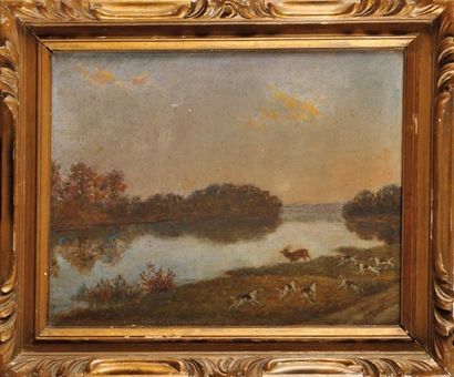 Paul TAVERNIER (1852-1943) Hallalie du cerf en bord de Seine Huile sur toile marouflée...